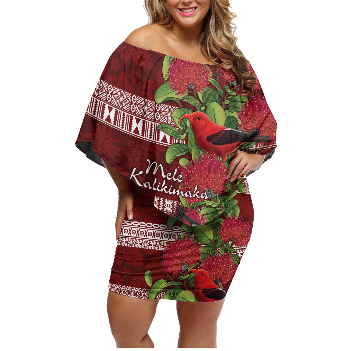 Hawaii Christmas Mele Kalikimaka Family Matching Off Shoulder Short Dress and Hawaiian Shirt I'iwi Bird on Ohia Lehua LT7 Mom's Dress Red White - Polynesian Pride