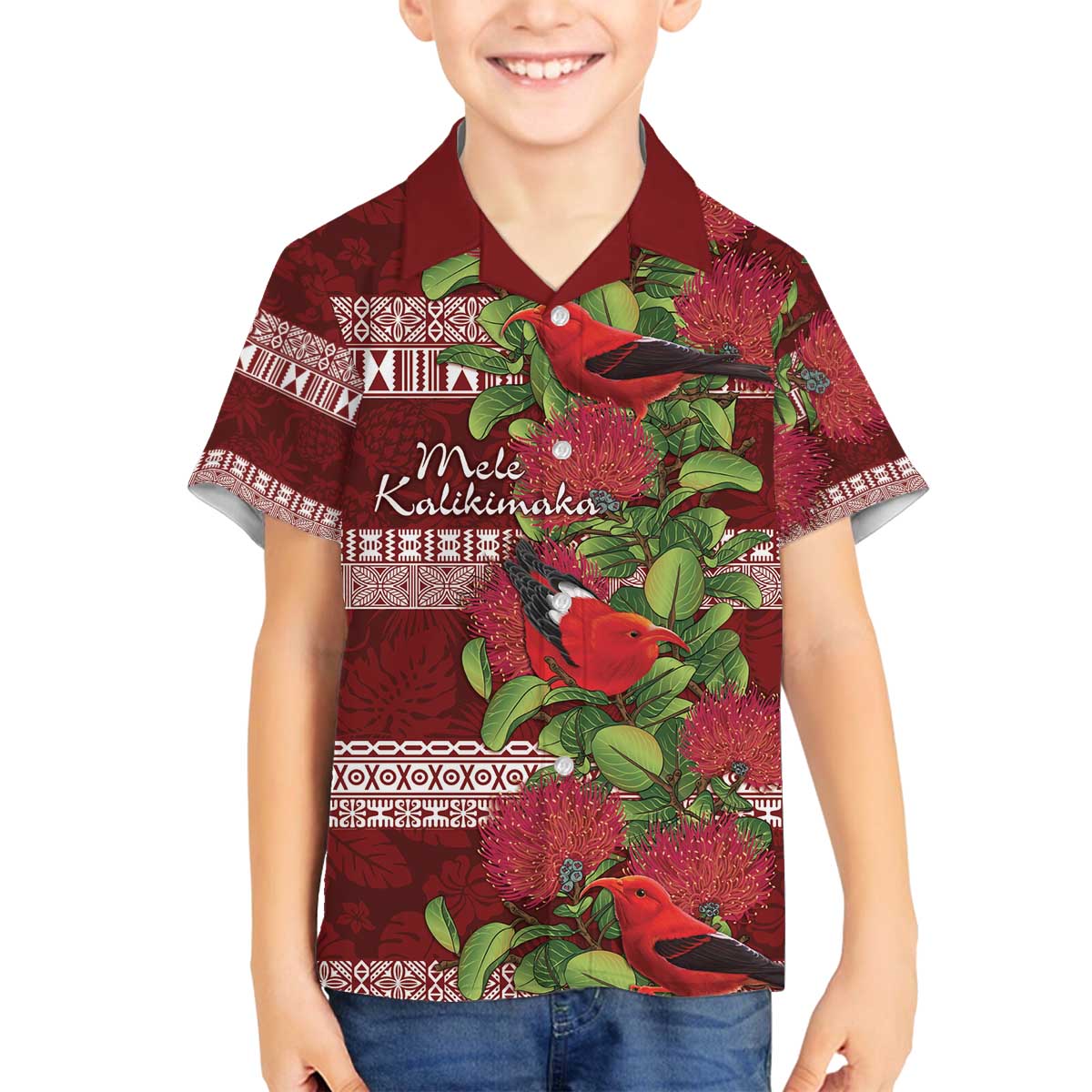 Hawaii Christmas Mele Kalikimaka Family Matching Off Shoulder Short Dress and Hawaiian Shirt I'iwi Bird on Ohia Lehua LT7 Son's Shirt Red White - Polynesian Pride
