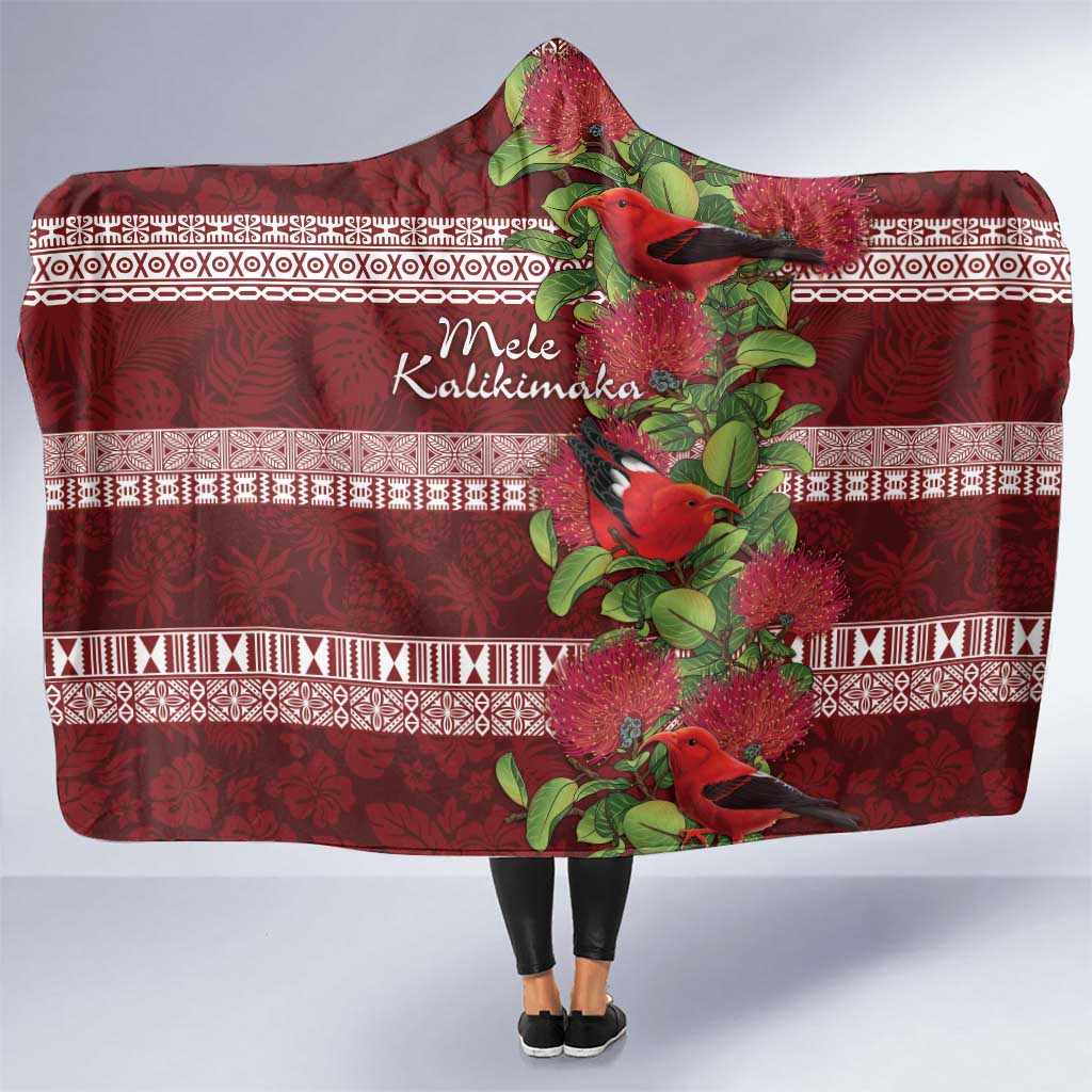 Hawaii Christmas Mele Kalikimaka Hooded Blanket I'iwi Bird on Ohia Lehua LT7 One Size Red White - Polynesian Pride
