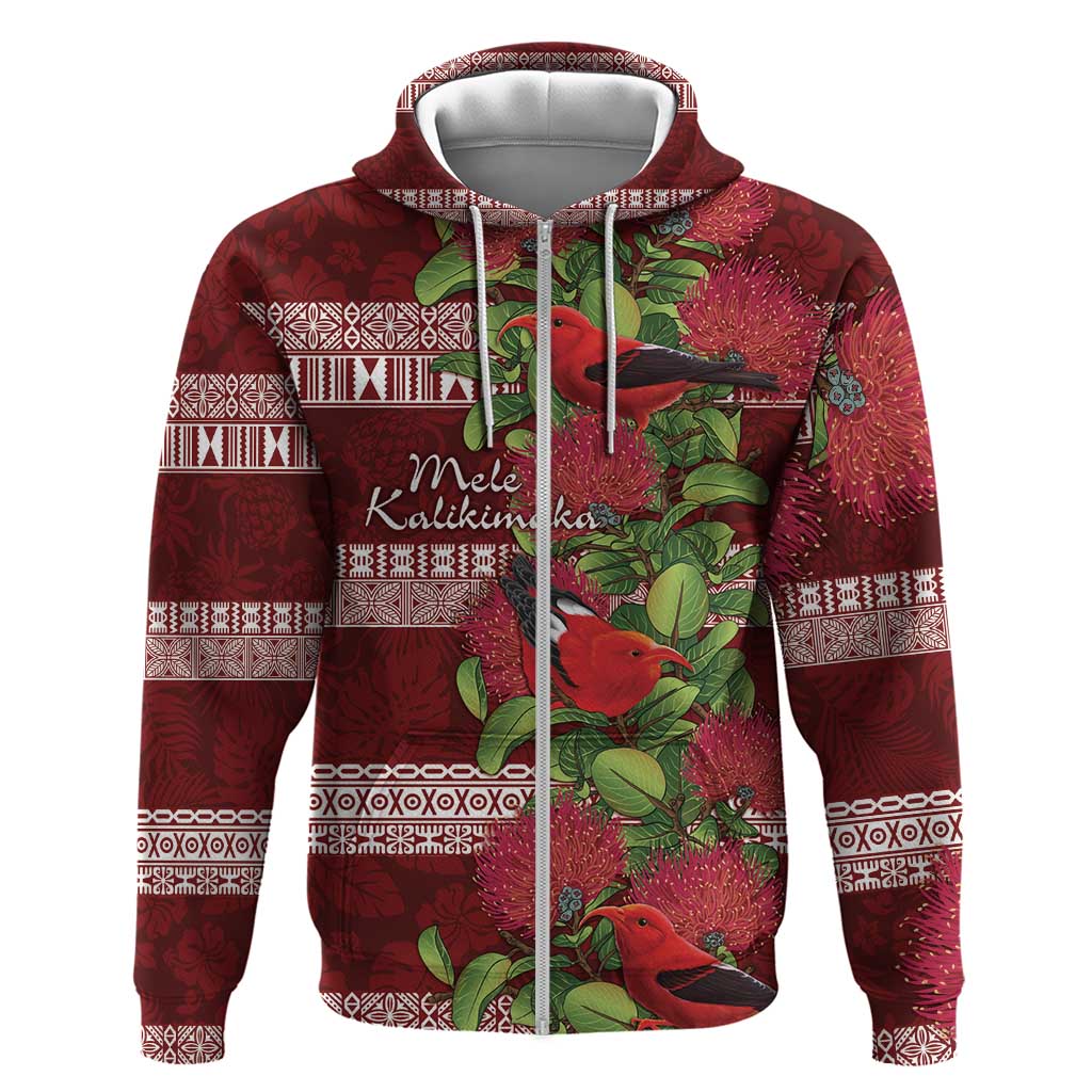 Hawaii Christmas Mele Kalikimaka Hoodie I'iwi Bird on Ohia Lehua LT7 Zip Hoodie Red White - Polynesian Pride