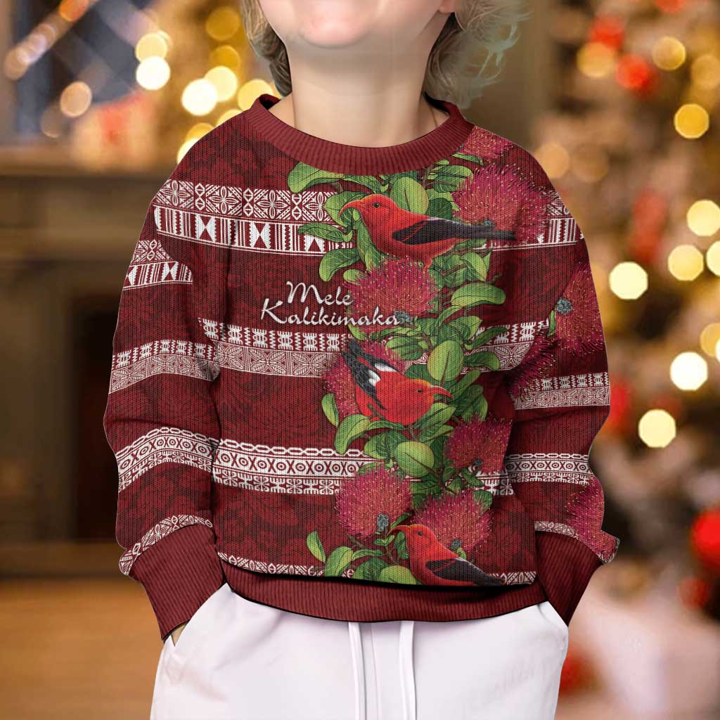 Hawaii Christmas Mele Kalikimaka Kid Ugly Christmas Sweater I'iwi Bird on Ohia Lehua LT7 - Polynesian Pride