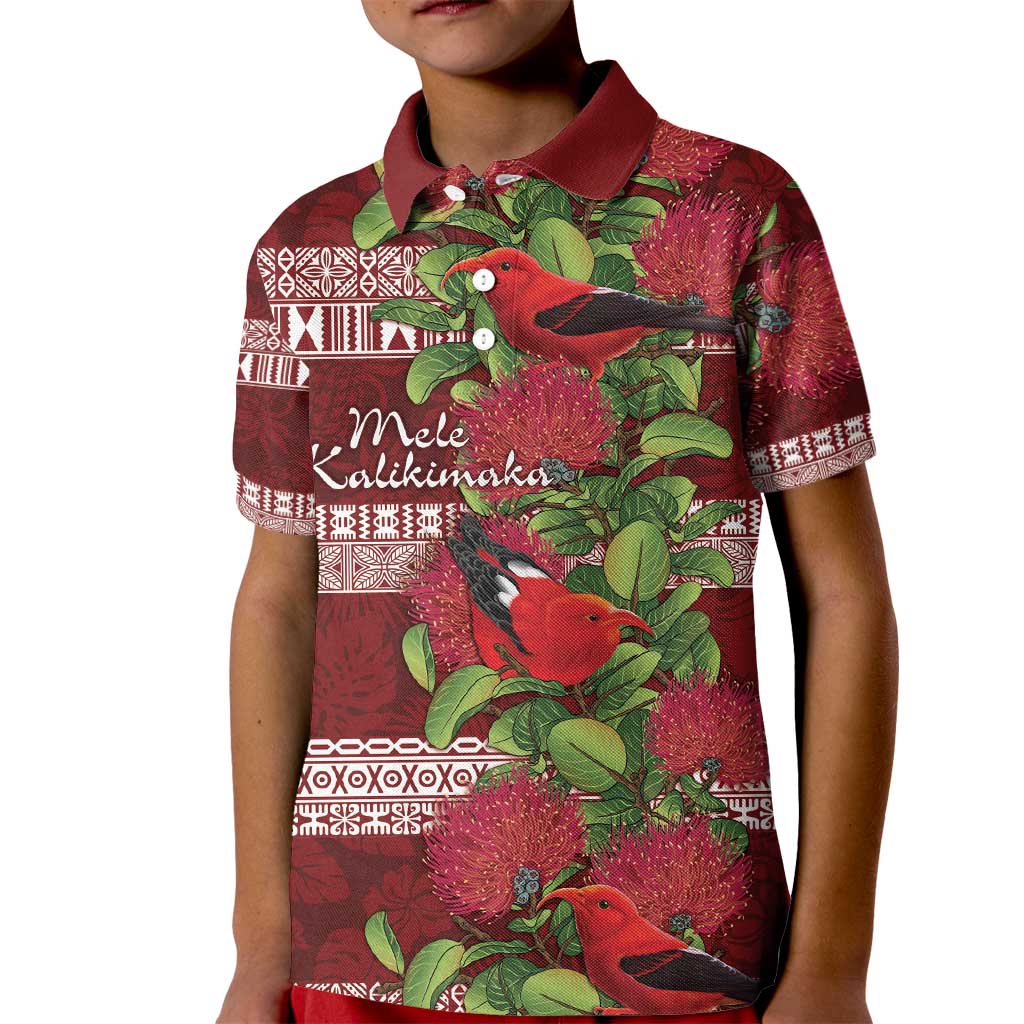 Hawaii Christmas Mele Kalikimaka Kid Polo Shirt I'iwi Bird on Ohia Lehua LT7 Kid Red White - Polynesian Pride
