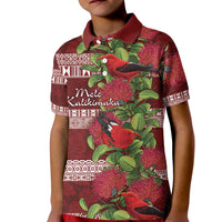Hawaii Christmas Mele Kalikimaka Kid Polo Shirt I'iwi Bird on Ohia Lehua LT7 Kid Red White - Polynesian Pride