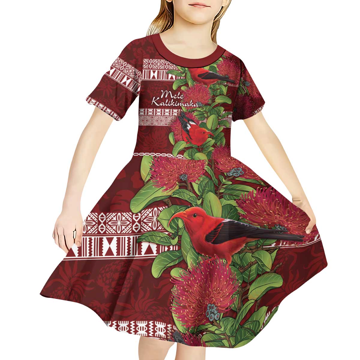 Hawaii Christmas Mele Kalikimaka Kid Short Sleeve Dress I'iwi Bird on Ohia Lehua LT7 - Polynesian Pride