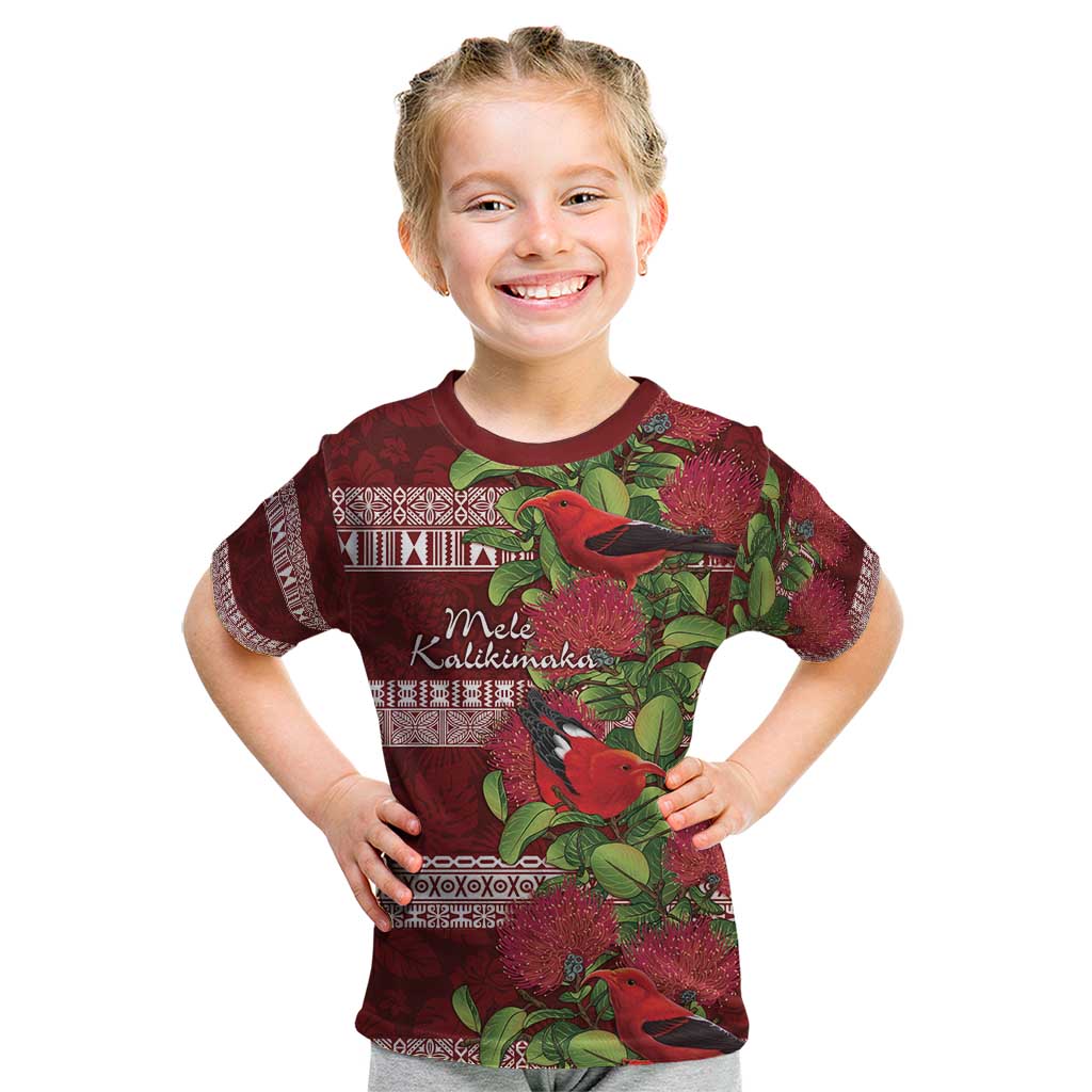 Hawaii Christmas Mele Kalikimaka Kid T Shirt I'iwi Bird on Ohia Lehua LT7 Red White - Polynesian Pride