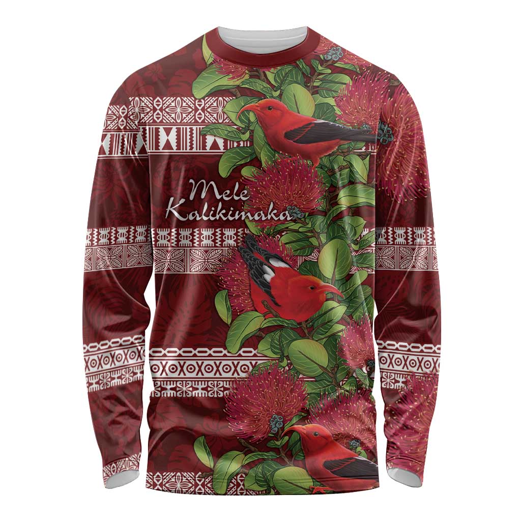 Hawaii Christmas Mele Kalikimaka Long Sleeve Shirt I'iwi Bird on Ohia Lehua LT7 Unisex Red White - Polynesian Pride