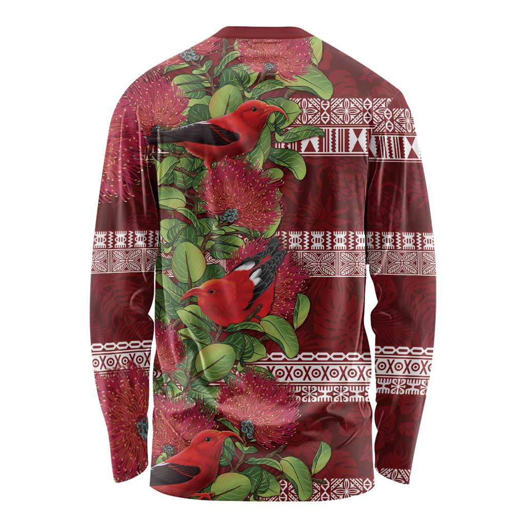 Hawaii Christmas Mele Kalikimaka Long Sleeve Shirt I'iwi Bird on Ohia Lehua LT7 - Polynesian Pride