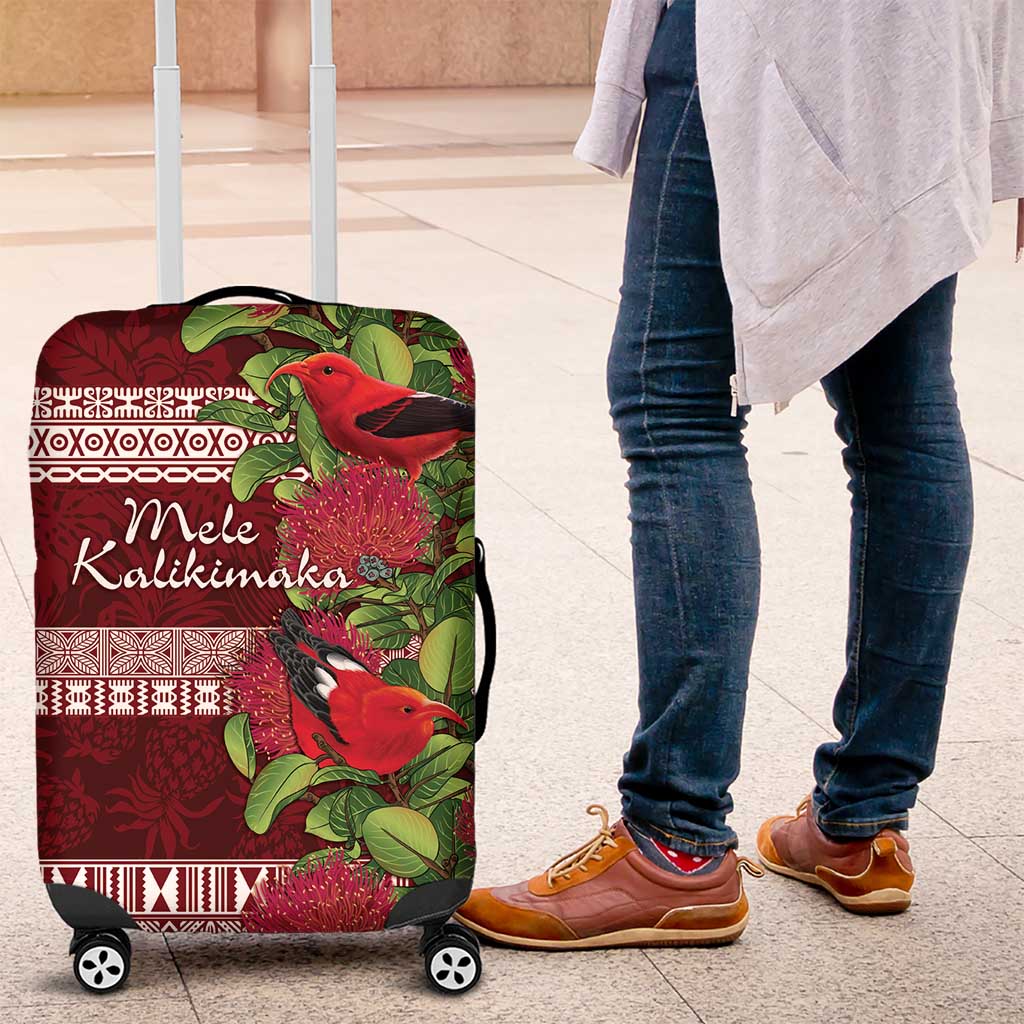 Hawaii Christmas Mele Kalikimaka Luggage Cover I'iwi Bird on Ohia Lehua LT7 Red White - Polynesian Pride