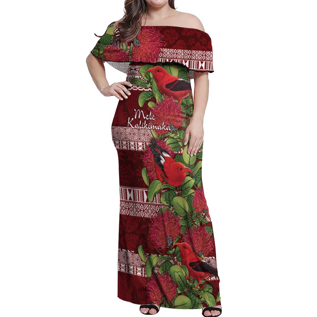 Hawaii Christmas Mele Kalikimaka Off Shoulder Maxi Dress I'iwi Bird on Ohia Lehua LT7 Women Red White - Polynesian Pride