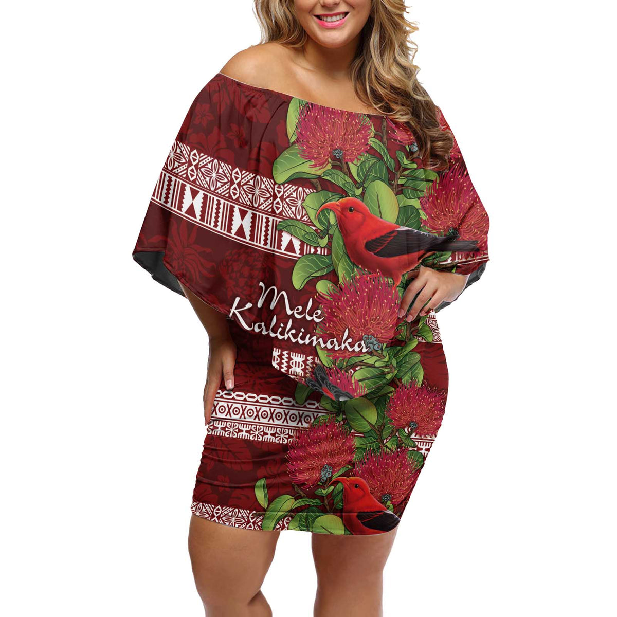 Hawaii Christmas Mele Kalikimaka Off Shoulder Short Dress I'iwi Bird on Ohia Lehua LT7 Women Red White - Polynesian Pride