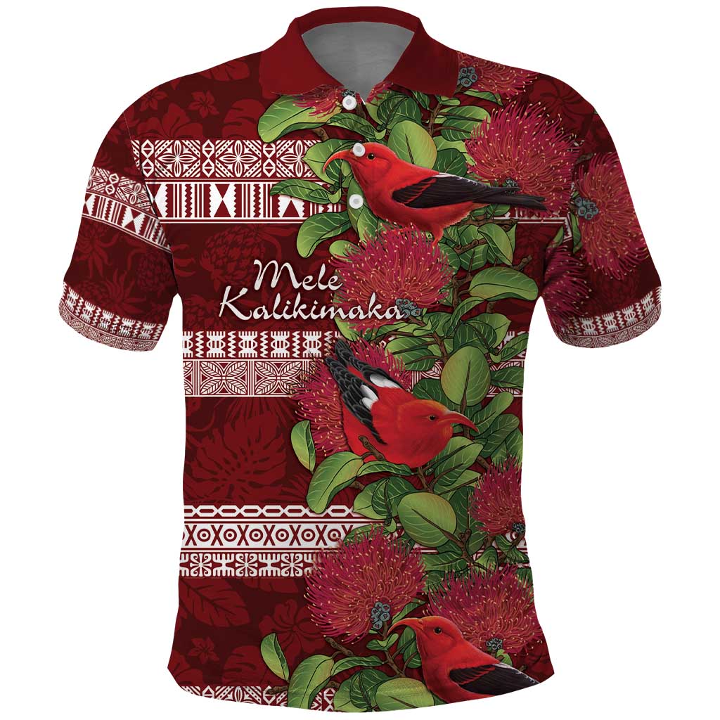 Hawaii Christmas Mele Kalikimaka Polo Shirt I'iwi Bird on Ohia Lehua LT7 Red White - Polynesian Pride