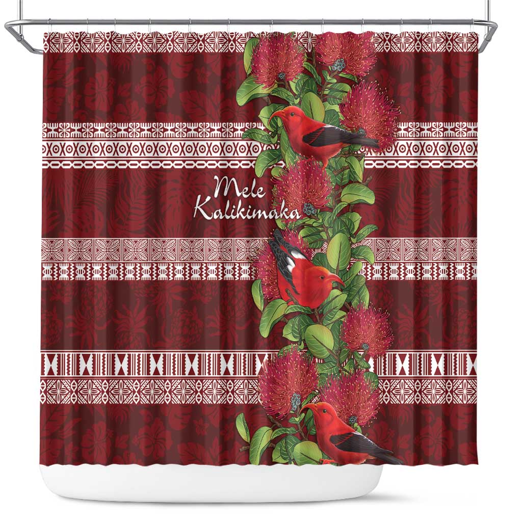 Hawaii Christmas Mele Kalikimaka Shower Curtain I'iwi Bird on Ohia Lehua LT7 Red White - Polynesian Pride