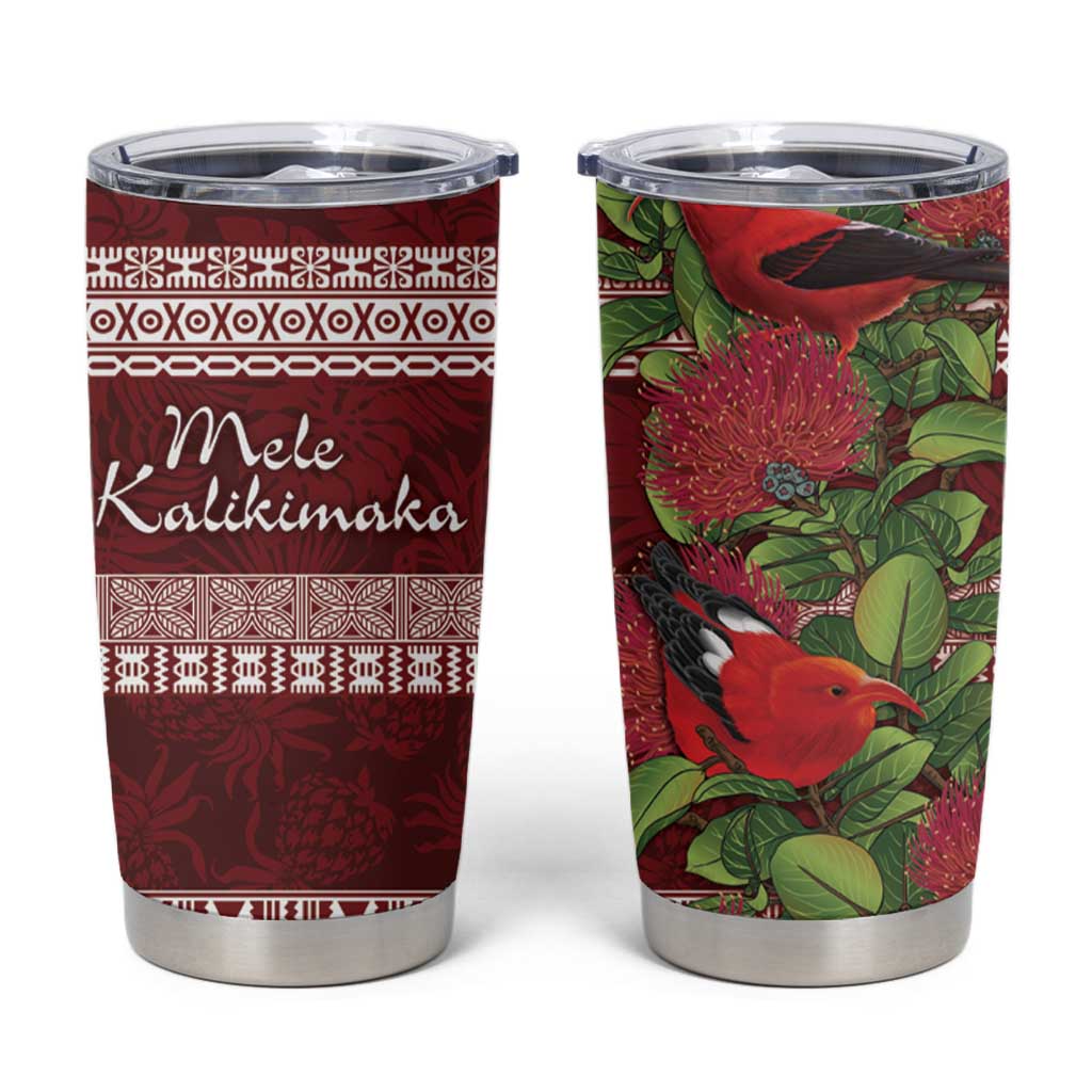 Hawaii Christmas Mele Kalikimaka Tumbler Cup I'iwi Bird on Ohia Lehua LT7 Red White - Polynesian Pride