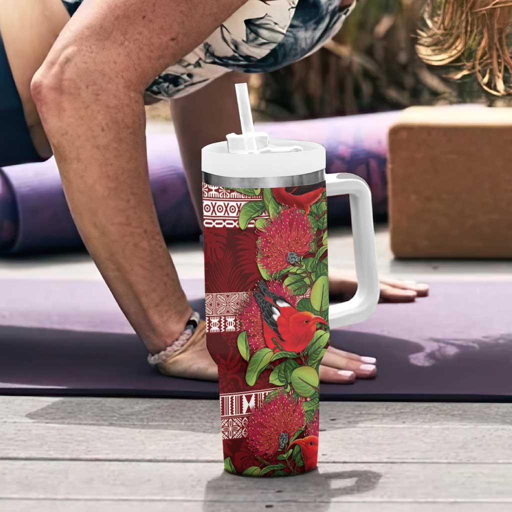 Hawaii Christmas Mele Kalikimaka Tumbler With Handle I'iwi Bird on Ohia Lehua