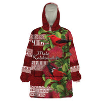 Hawaii Christmas Mele Kalikimaka Wearable Blanket Hoodie I'iwi Bird on Ohia Lehua LT7 One Size Red White - Polynesian Pride