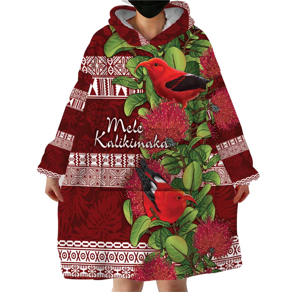 Hawaii Christmas Mele Kalikimaka Wearable Blanket Hoodie I'iwi Bird on Ohia Lehua LT7 - Polynesian Pride