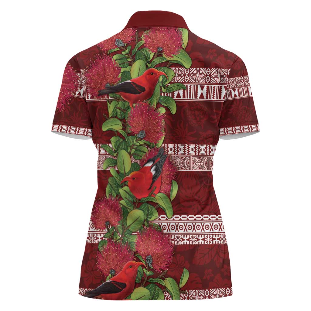 Hawaii Christmas Mele Kalikimaka Women Polo Shirt I'iwi Bird on Ohia Lehua