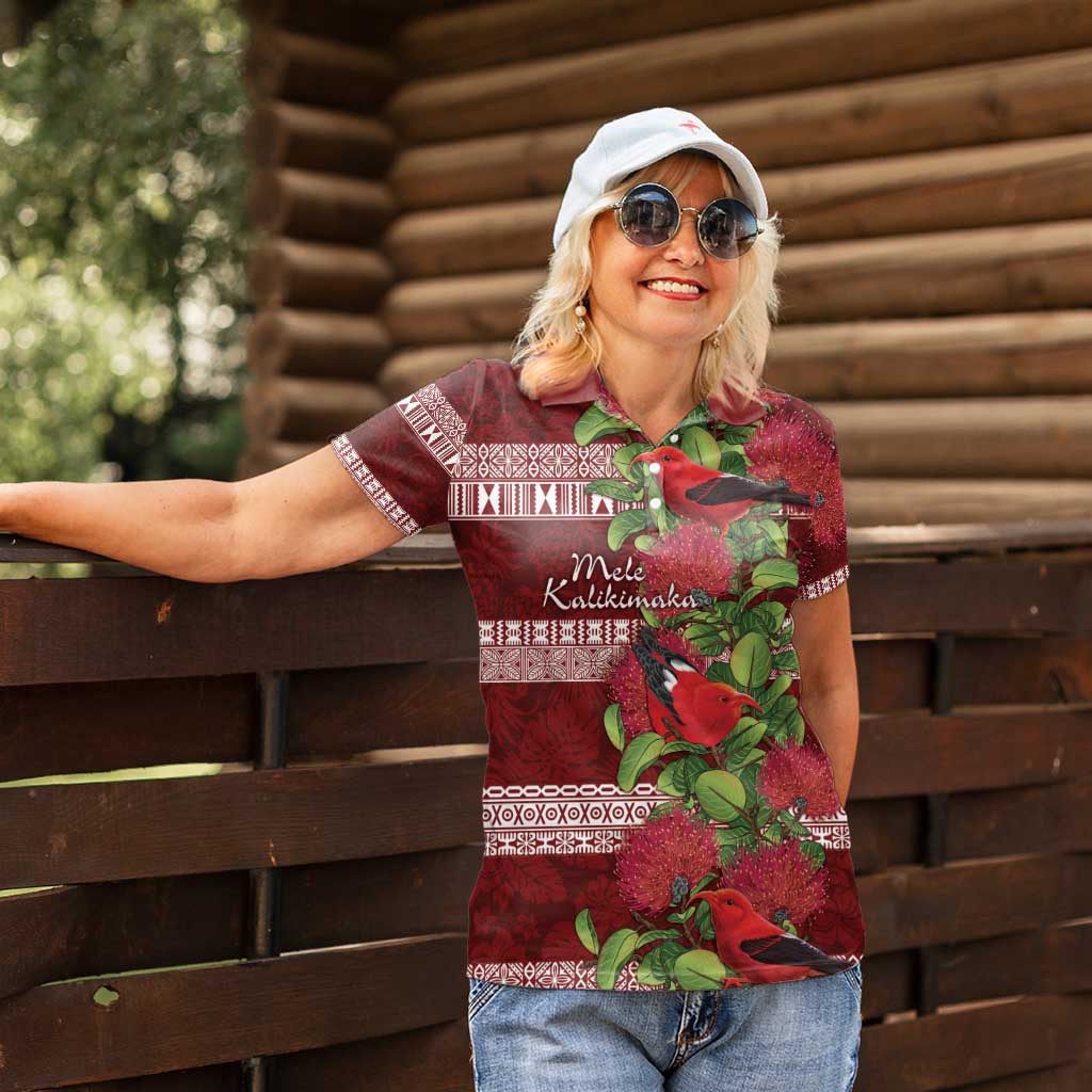 Hawaii Christmas Mele Kalikimaka Women Polo Shirt I'iwi Bird on Ohia Lehua