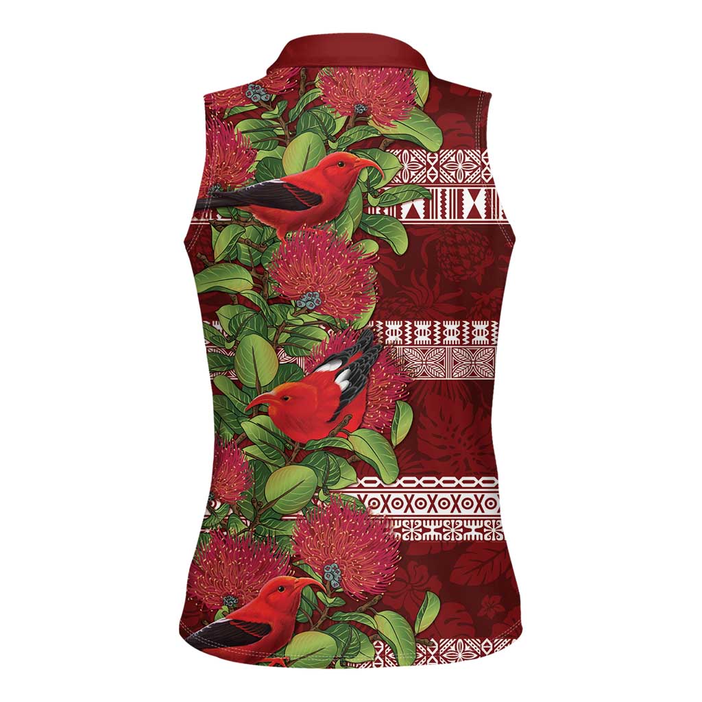 Hawaii Christmas Mele Kalikimaka Women Sleeveless Polo Shirt I'iwi Bird on Ohia Lehua LT7 - Polynesian Pride