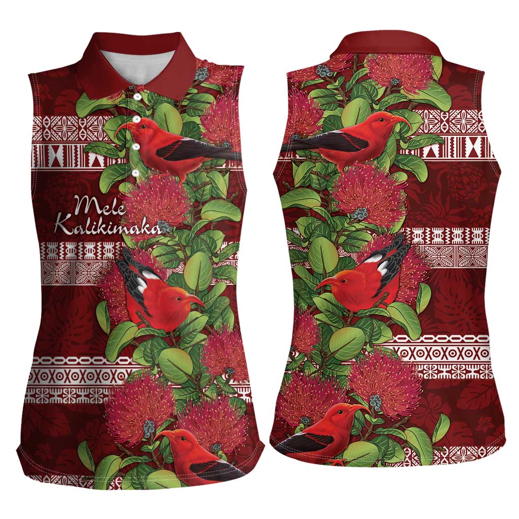 Hawaii Christmas Mele Kalikimaka Women Sleeveless Polo Shirt I'iwi Bird on Ohia Lehua LT7 - Polynesian Pride