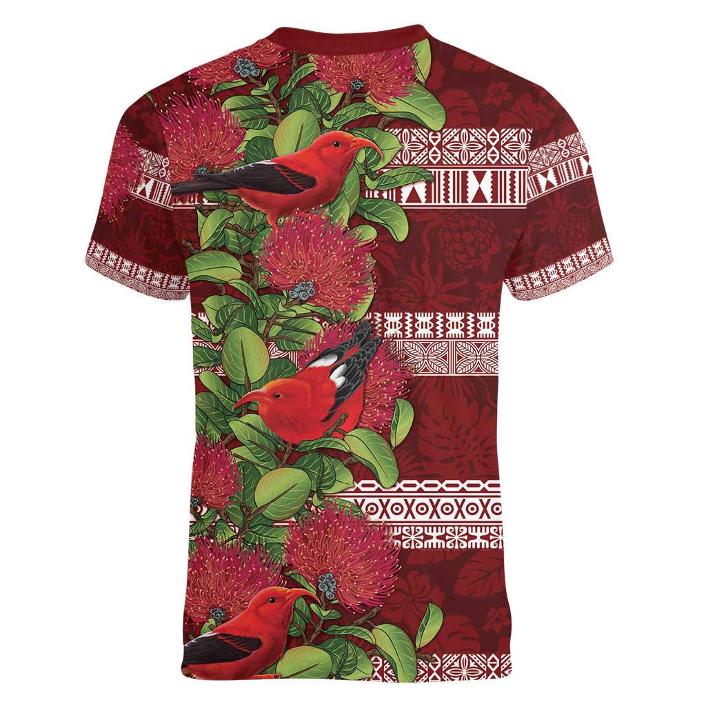 Hawaii Christmas Mele Kalikimaka Women V-Neck T-Shirt I'iwi Bird on Ohia Lehua LT7 - Polynesian Pride
