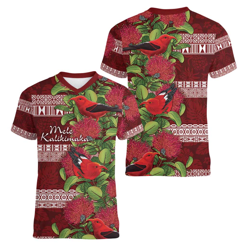 Hawaii Christmas Mele Kalikimaka Women V-Neck T-Shirt I'iwi Bird on Ohia Lehua LT7 - Polynesian Pride