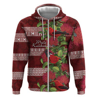 Hawaii Christmas Mele Kalikimaka Zip Hoodie I'iwi Bird on Ohia Lehua LT7 Zip Hoodie Red White - Polynesian Pride