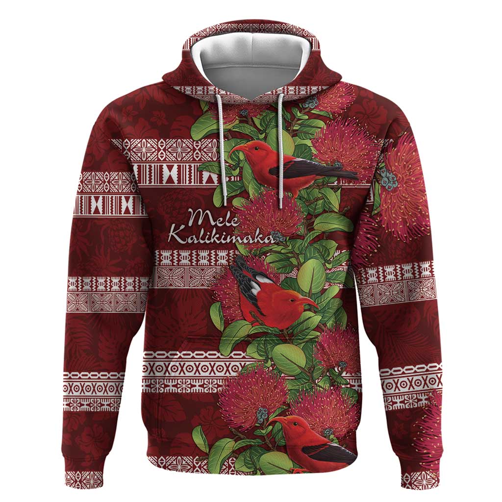 Hawaii Christmas Mele Kalikimaka Zip Hoodie I'iwi Bird on Ohia Lehua LT7 Pullover Hoodie Red White - Polynesian Pride