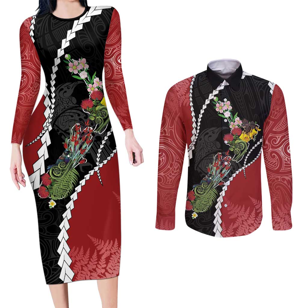 New Zealand Christmas Couples Matching Long Sleeve Bodycon Dress and Long Sleeve Button Shirt Flora Map with Birds LT7 Black - Polynesian Pride