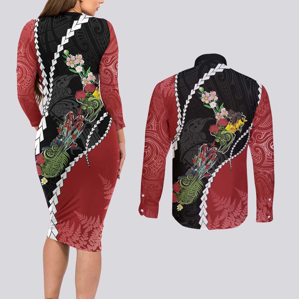 New Zealand Christmas Couples Matching Long Sleeve Bodycon Dress and Long Sleeve Button Shirt Flora Map with Birds LT7 - Polynesian Pride