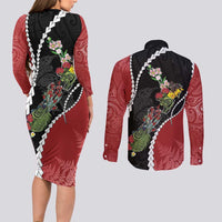 New Zealand Christmas Couples Matching Long Sleeve Bodycon Dress and Long Sleeve Button Shirt Flora Map with Birds LT7 - Polynesian Pride