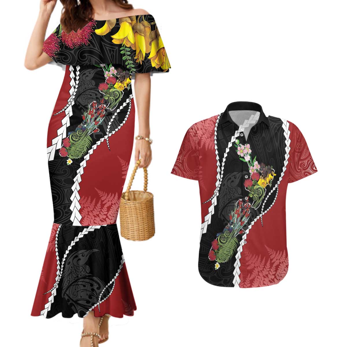 New Zealand Christmas Couples Matching Mermaid Dress and Hawaiian Shirt Flora Map with Birds LT7 Black - Polynesian Pride
