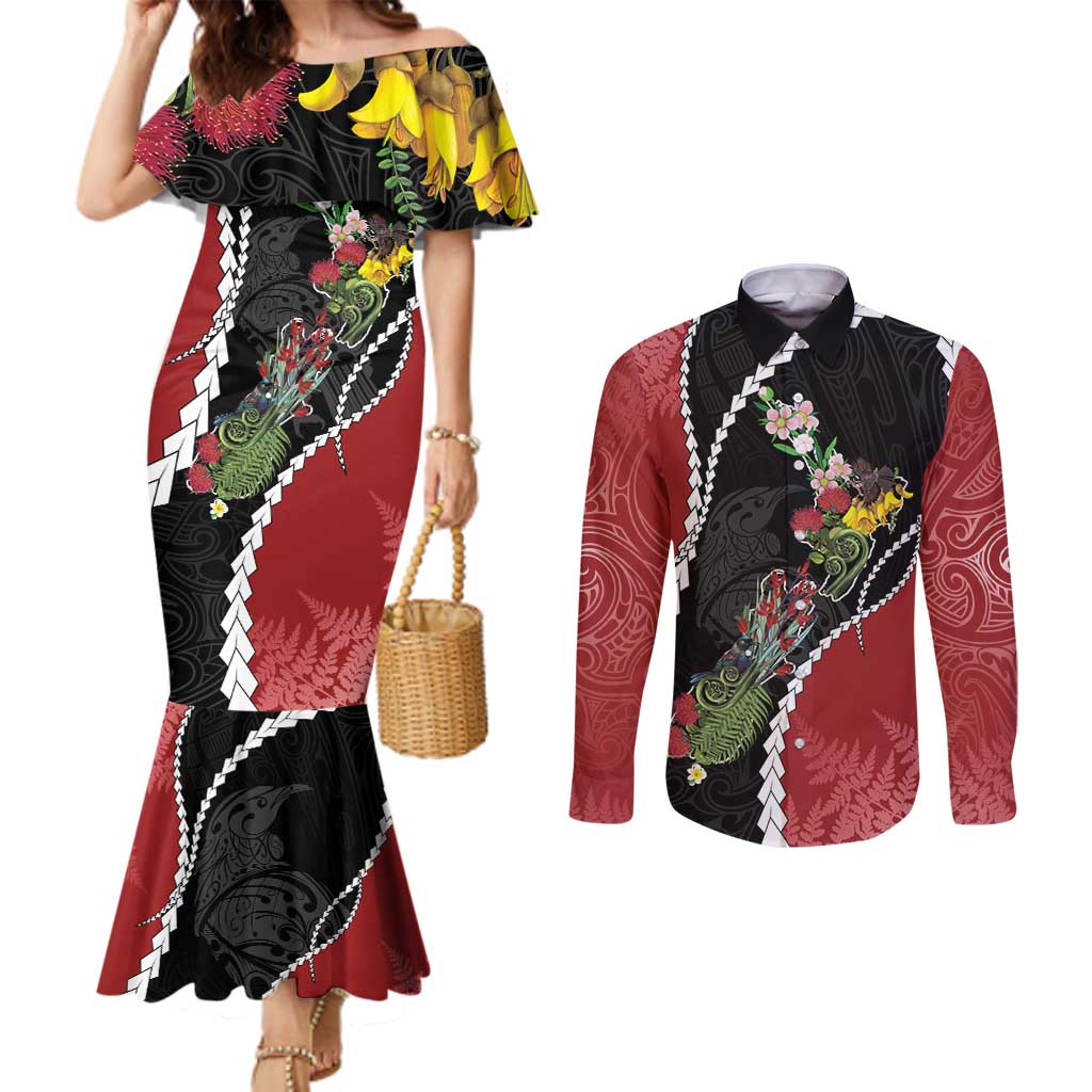 New Zealand Christmas Couples Matching Mermaid Dress and Long Sleeve Button Shirt Flora Map with Birds LT7 Black - Polynesian Pride