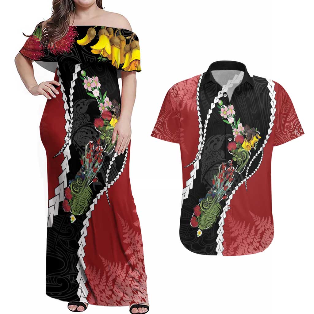 New Zealand Christmas Couples Matching Off Shoulder Maxi Dress and Hawaiian Shirt Flora Map with Birds LT7 Black - Polynesian Pride