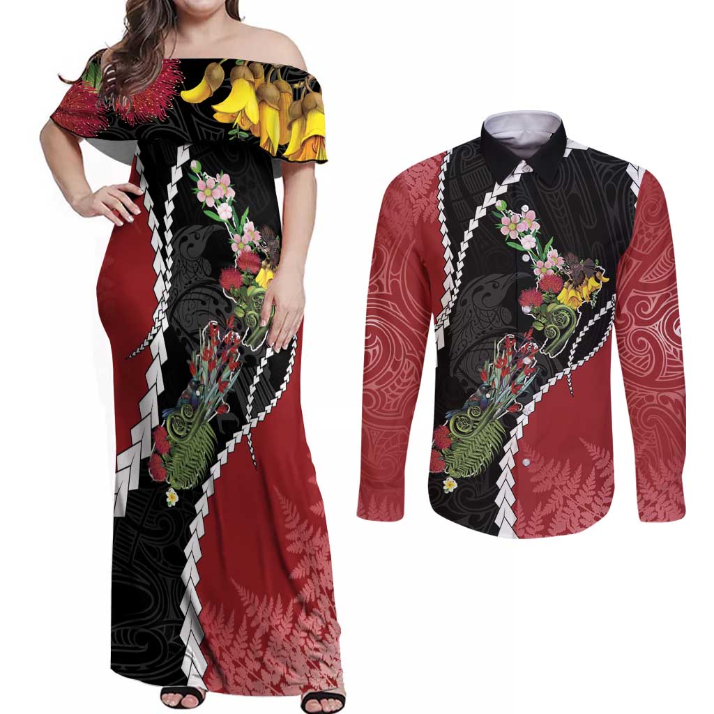 New Zealand Christmas Couples Matching Off Shoulder Maxi Dress and Long Sleeve Button Shirt Flora Map with Birds LT7 Black - Polynesian Pride