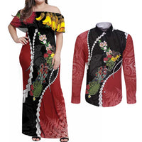 New Zealand Christmas Couples Matching Off Shoulder Maxi Dress and Long Sleeve Button Shirt Flora Map with Birds LT7 Black - Polynesian Pride