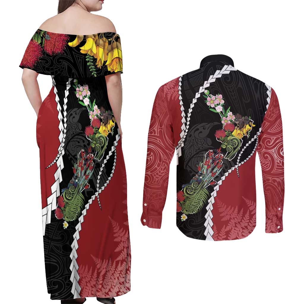 New Zealand Christmas Couples Matching Off Shoulder Maxi Dress and Long Sleeve Button Shirt Flora Map with Birds LT7 - Polynesian Pride