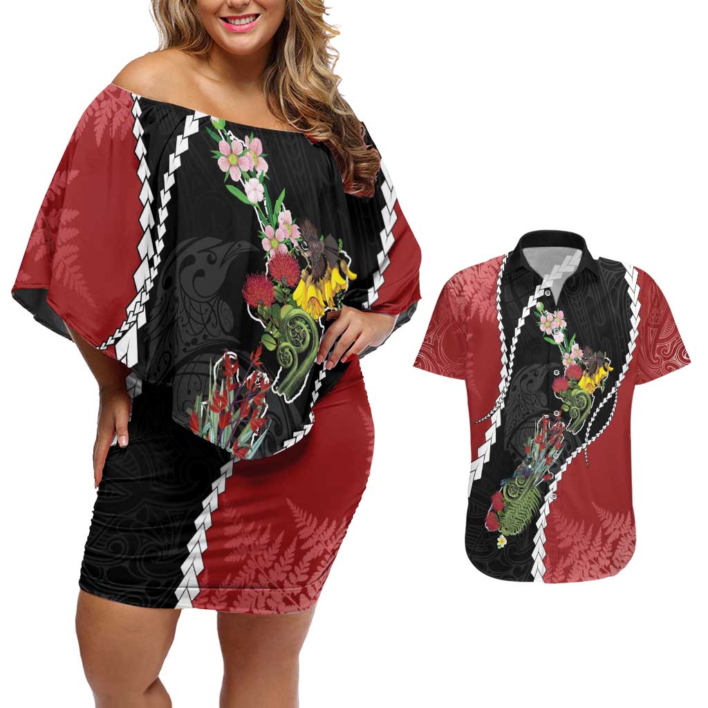 New Zealand Christmas Couples Matching Off Shoulder Short Dress and Hawaiian Shirt Flora Map with Birds LT7 Black - Polynesian Pride
