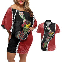 New Zealand Christmas Couples Matching Off Shoulder Short Dress and Hawaiian Shirt Flora Map with Birds LT7 Black - Polynesian Pride