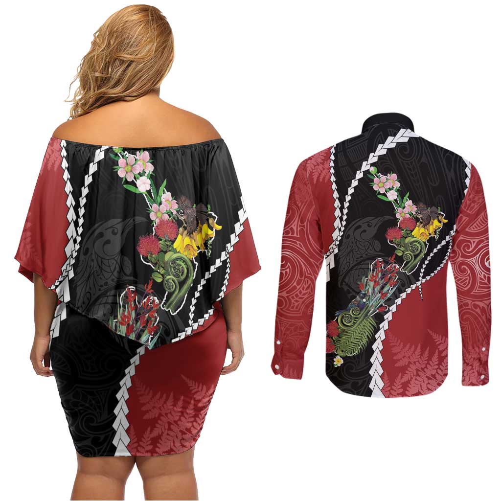 New Zealand Christmas Couples Matching Off Shoulder Short Dress and Long Sleeve Button Shirt Flora Map with Birds LT7 - Polynesian Pride