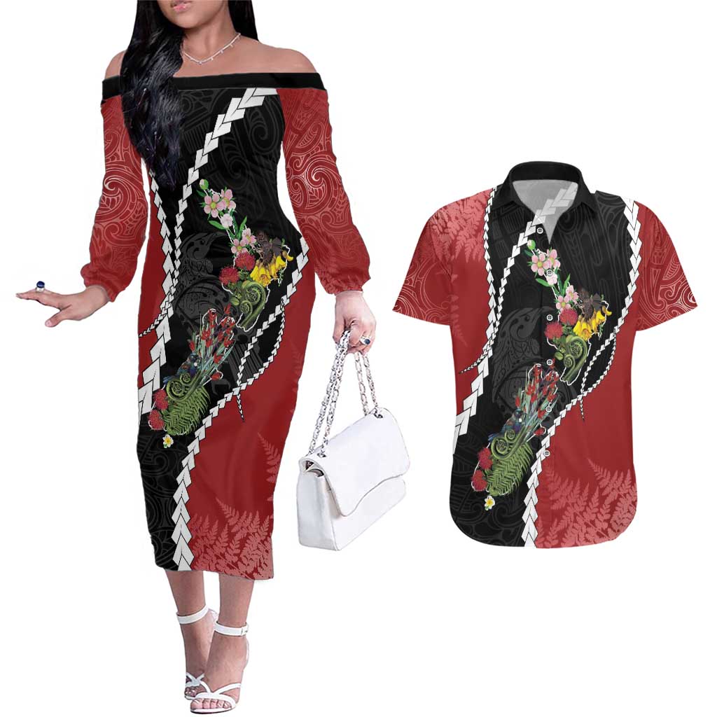 New Zealand Christmas Couples Matching Off The Shoulder Long Sleeve Dress and Hawaiian Shirt Flora Map with Birds LT7 Black - Polynesian Pride