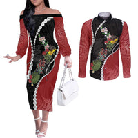 New Zealand Christmas Couples Matching Off The Shoulder Long Sleeve Dress and Long Sleeve Button Shirt Flora Map with Birds LT7 Black - Polynesian Pride