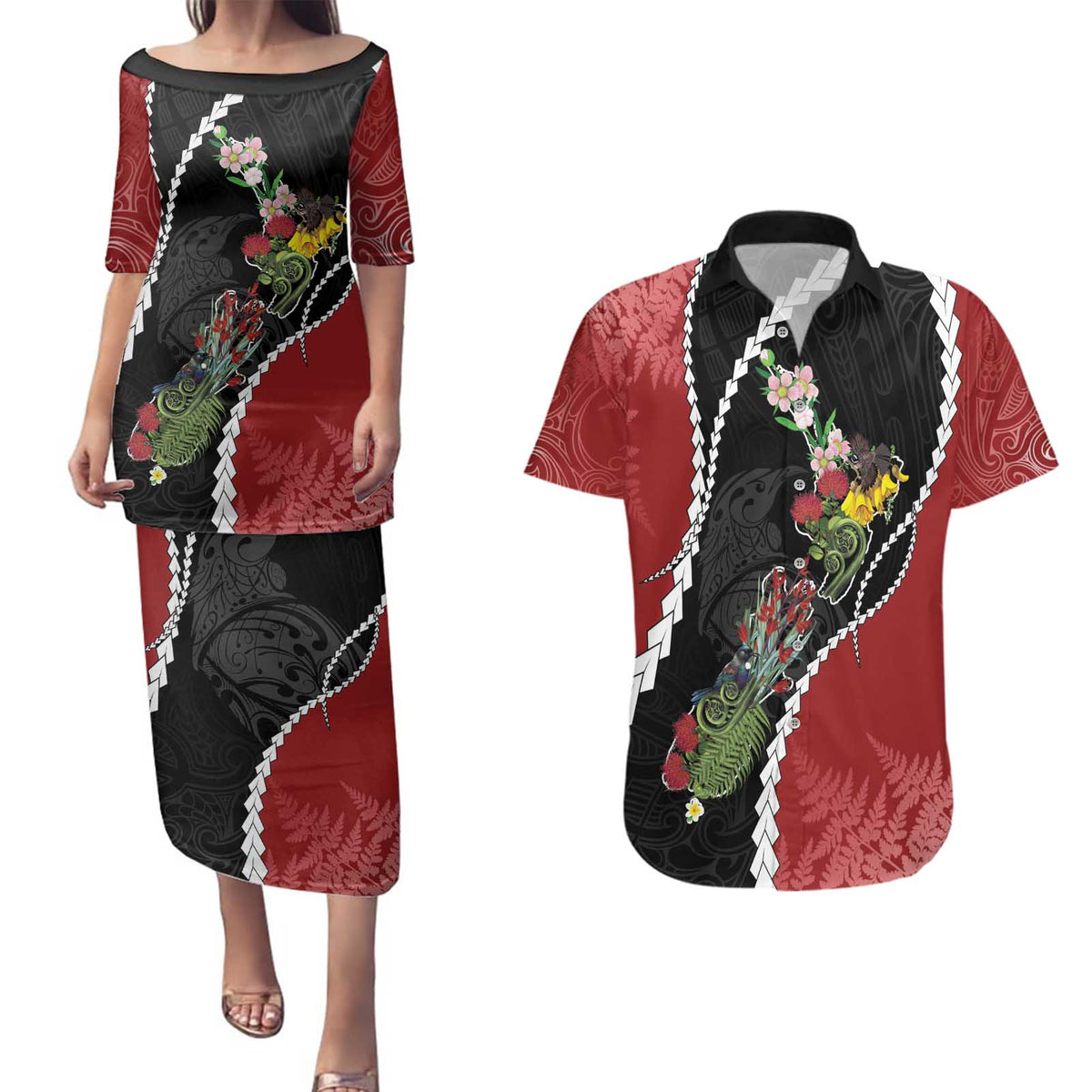 New Zealand Christmas Couples Matching Puletasi and Hawaiian Shirt Flora Map with Birds LT7 Black - Polynesian Pride