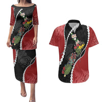New Zealand Christmas Couples Matching Puletasi and Hawaiian Shirt Flora Map with Birds LT7 Black - Polynesian Pride