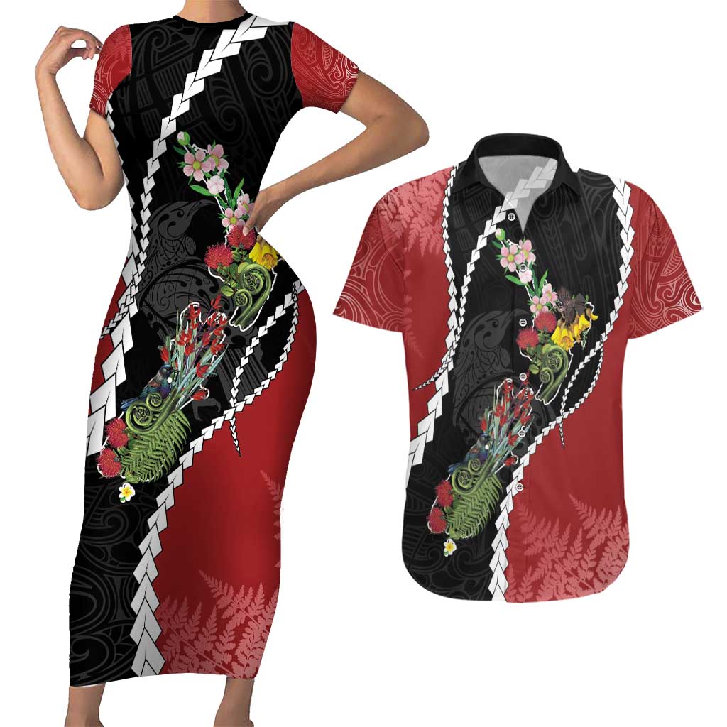 New Zealand Christmas Couples Matching Short Sleeve Bodycon Dress and Hawaiian Shirt Flora Map with Birds - Polynesian Pride