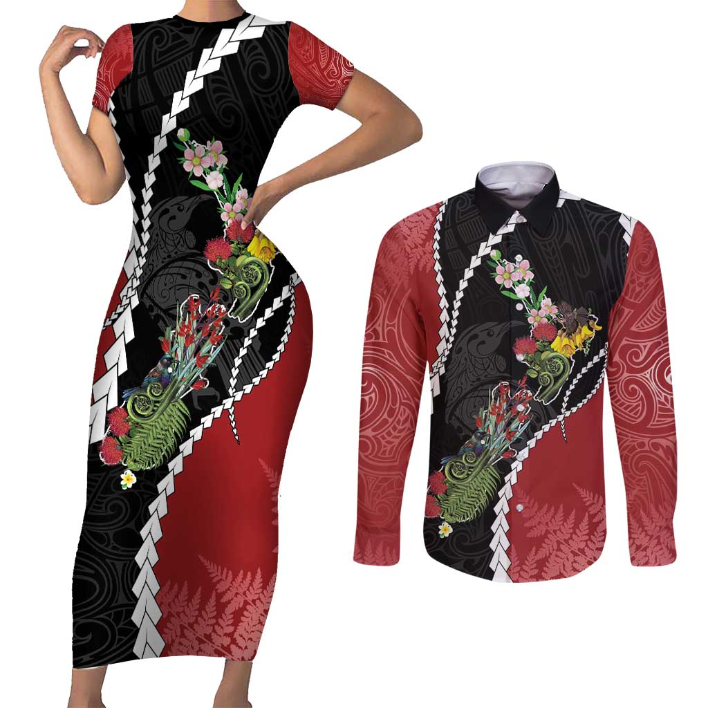 New Zealand Christmas Couples Matching Short Sleeve Bodycon Dress and Long Sleeve Button Shirt Flora Map with Birds LT7 Black - Polynesian Pride