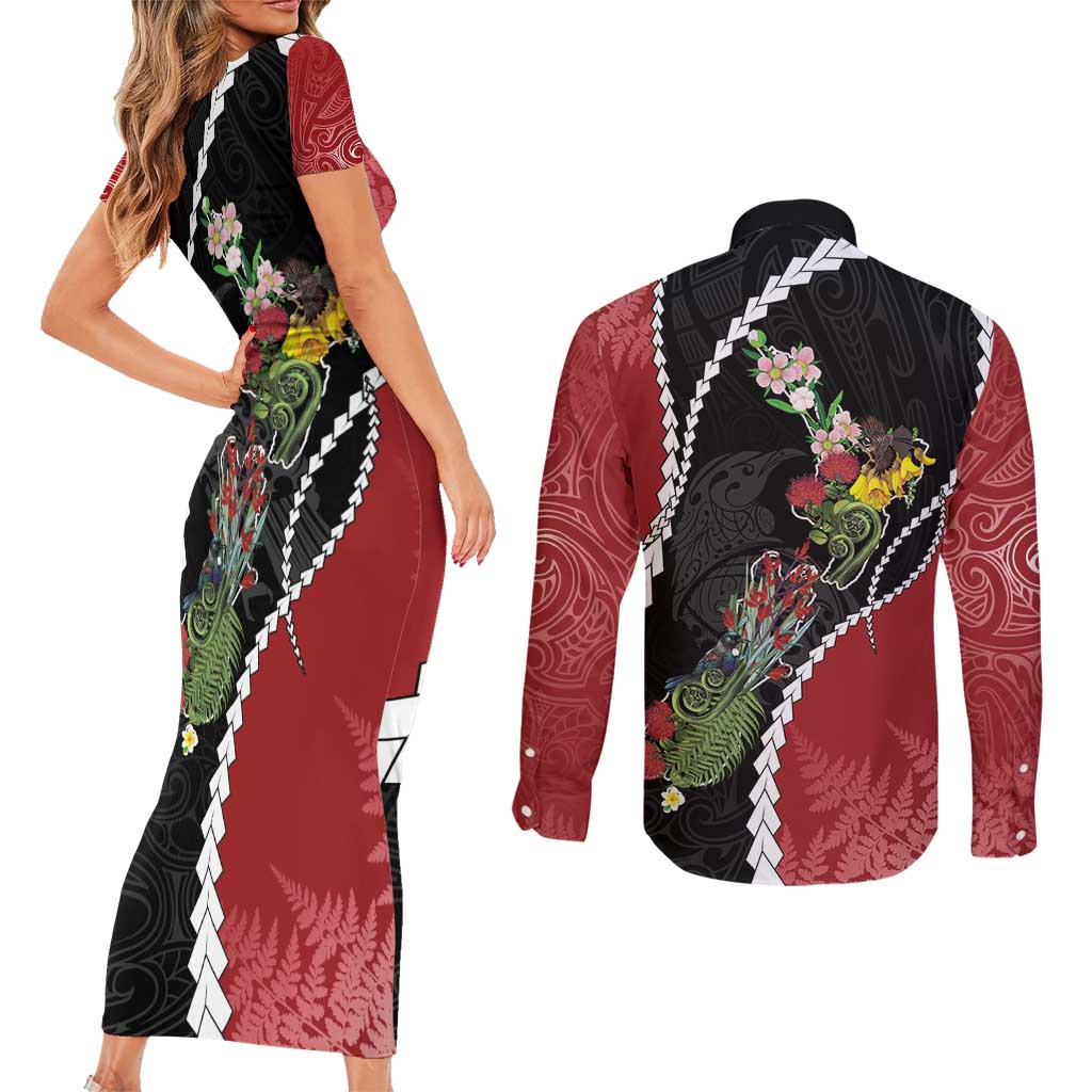 New Zealand Christmas Couples Matching Short Sleeve Bodycon Dress and Long Sleeve Button Shirt Flora Map with Birds LT7 - Polynesian Pride