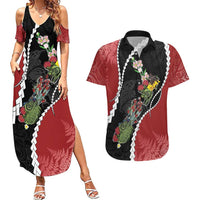 New Zealand Christmas Couples Matching Summer Maxi Dress and Hawaiian Shirt Flora Map with Birds LT7 Black - Polynesian Pride