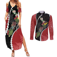 New Zealand Christmas Couples Matching Summer Maxi Dress and Long Sleeve Button Shirt Flora Map with Birds LT7 Black - Polynesian Pride