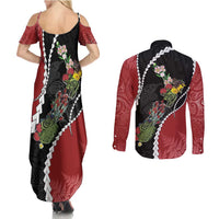 New Zealand Christmas Couples Matching Summer Maxi Dress and Long Sleeve Button Shirt Flora Map with Birds LT7 - Polynesian Pride